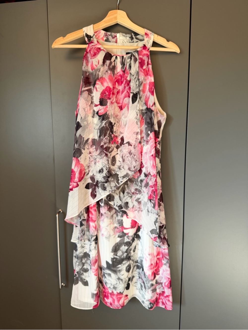 Floral Print High-Neck Layered Women's Dress - Pink & Gray